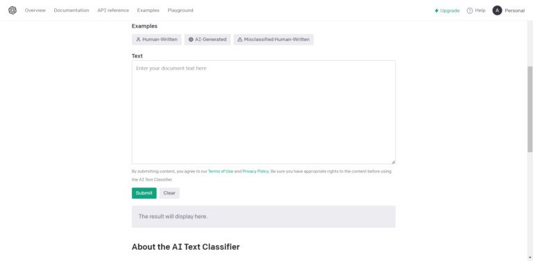 Giao diện công cụ phát hiện nội dung AI OpenAI Classifier