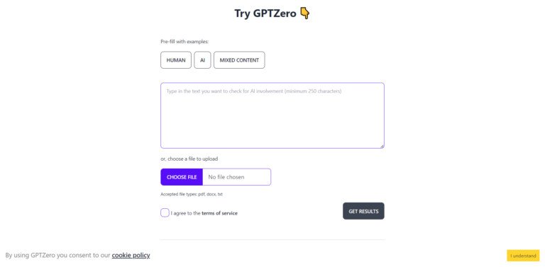Giao diện công cụ phát hiện văn bản AI GPTZero