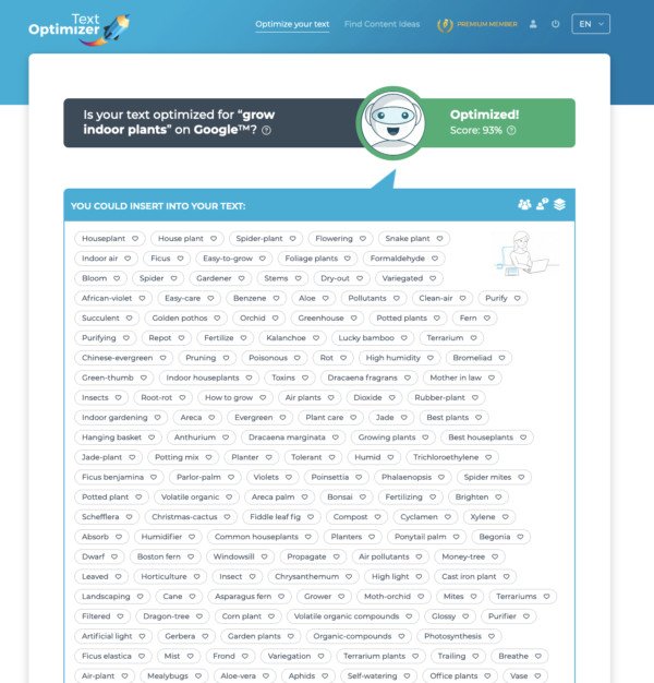 Giao diện công cụ Text Optimizer hỗ trợ tối ưu hóa nội dung theo ngữ cảnh