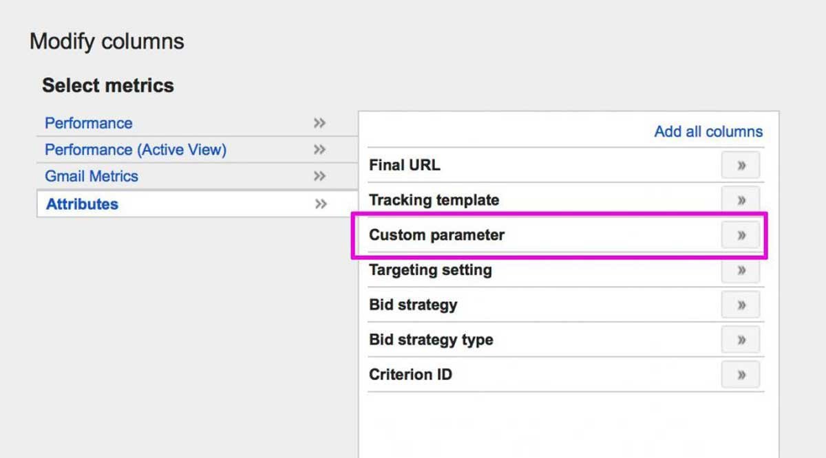 Giao diện Google Ads hiển thị thẻ Attributes trong cột Custom Parameter, hỗ trợ theo dõi hiệu suất và tối ưu hóa các chiến dịch quảng cáo hiển thị (GDN).
