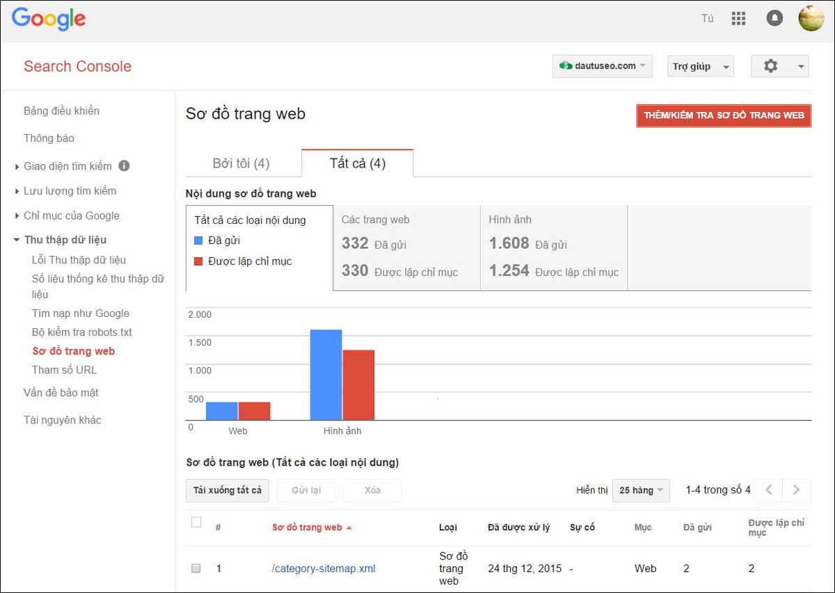 Giao diện Google Search Console cho phép khai báo và quản lý Sitemap website để công cụ tìm kiếm dễ dàng thu thập dữ liệu