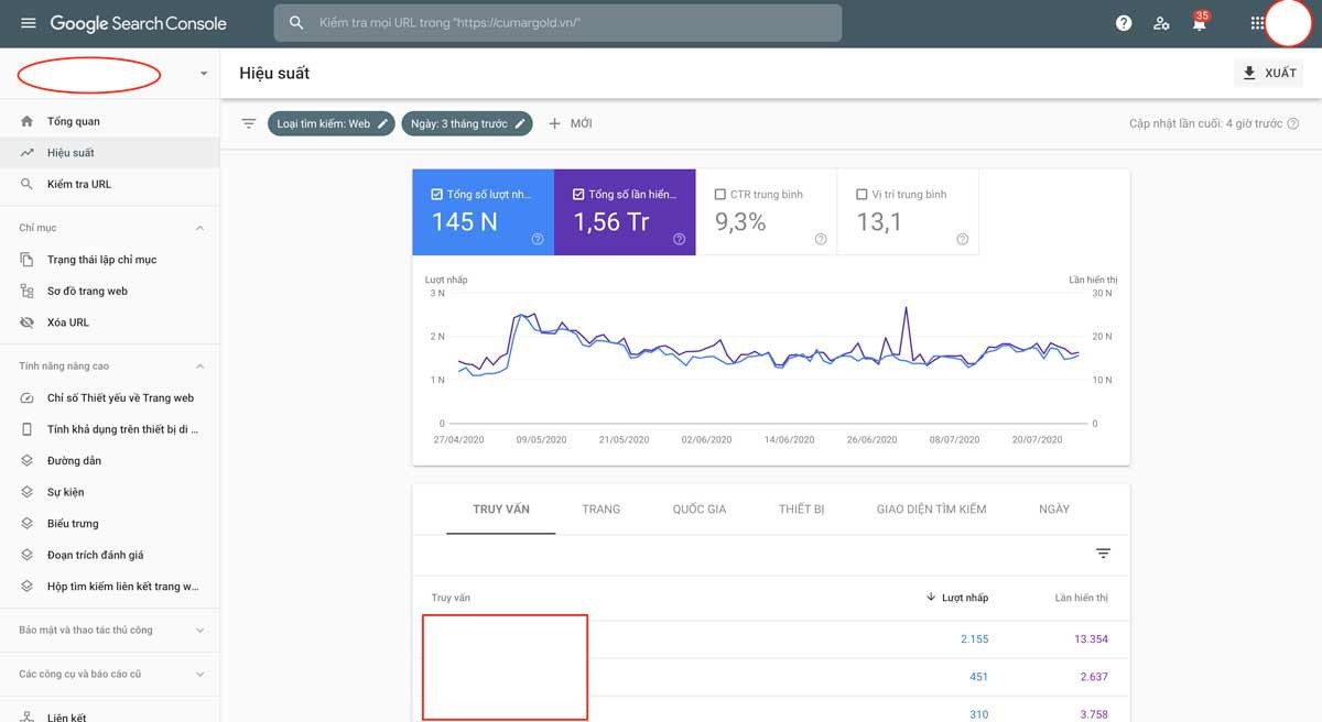 Giao diện Google Search Console hiển thị các truy vấn tìm kiếm và hiệu suất trang web