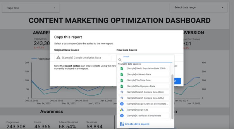 Giao diện kết nối nguồn dữ liệu Google Analytics trong Looker Studio