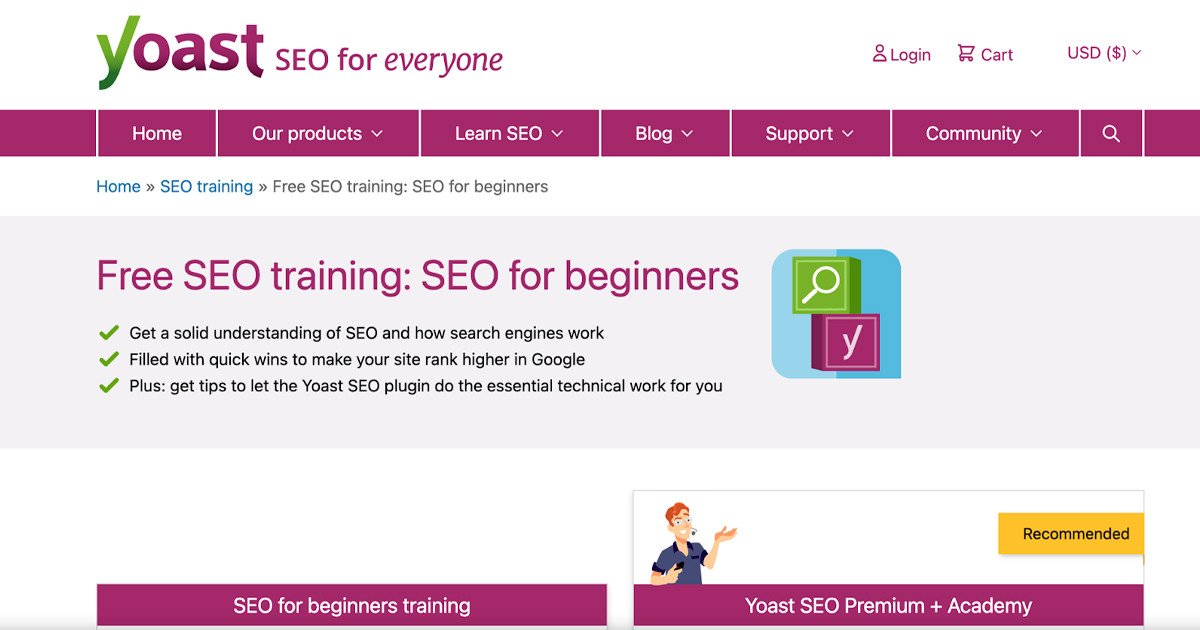 Giao diện khóa học SEO miễn phí cho người mới bắt đầu của Yoast, cung cấp kiến thức nền tảng về tối ưu website