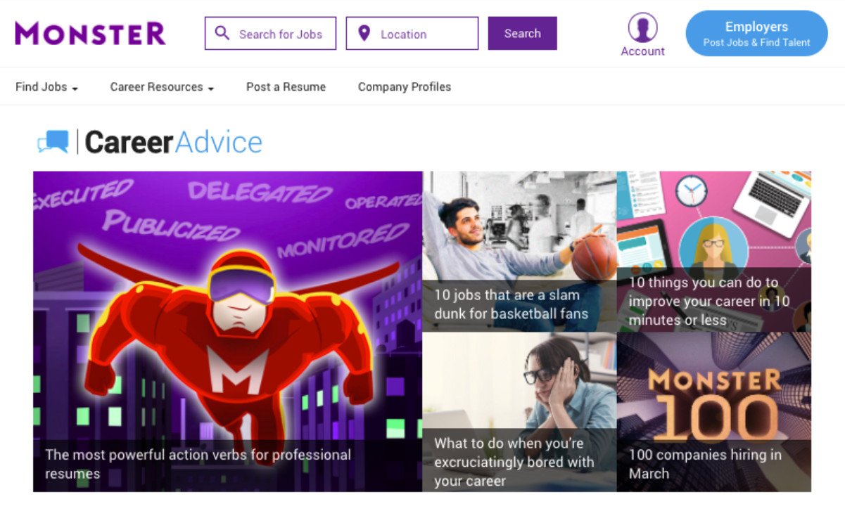 Giao diện Monster Career Advice với các công cụ tìm kiếm việc làm.