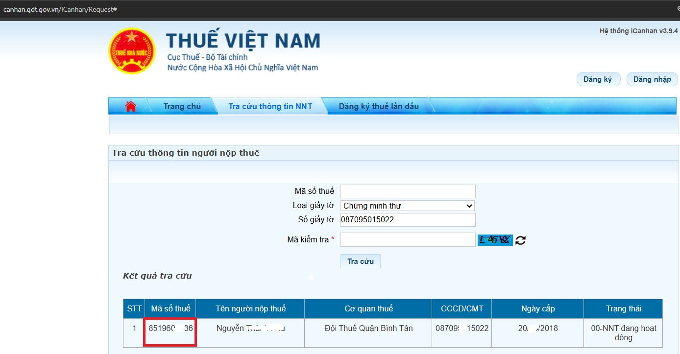 Giao diện nhập mã kiểm tra để xem đầy đủ thông tin mã số thuế cá nhân