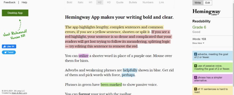 Giao diện phần mềm Hemingway Editor hiển thị văn bản được tô màu để cải thiện tính dễ đọc và tối ưu trải nghiệm nội dung.