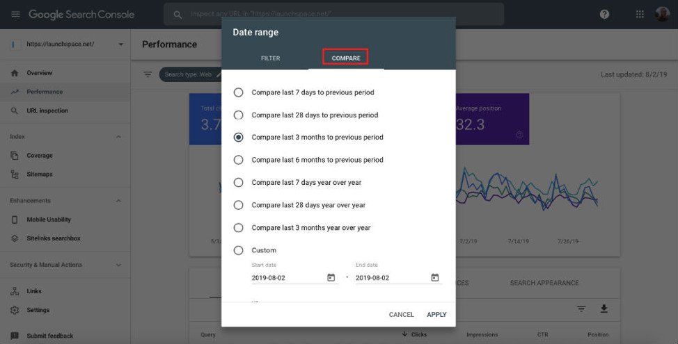 Giao diện so sánh hiệu suất trong Google Search Console để đánh giá thay đổi SEO