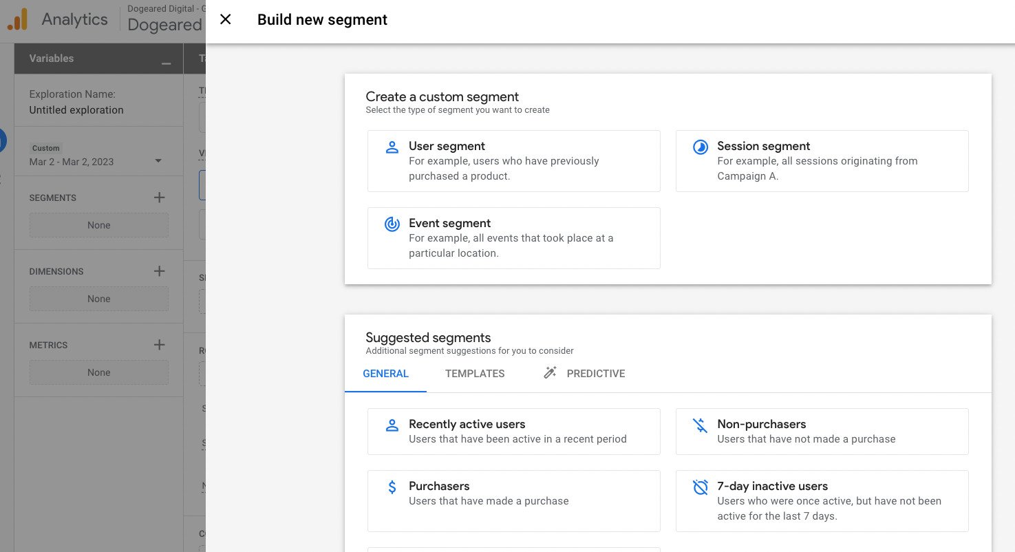 Giao diện tạo phân đoạn người dùng mới trong Google Analytics 4