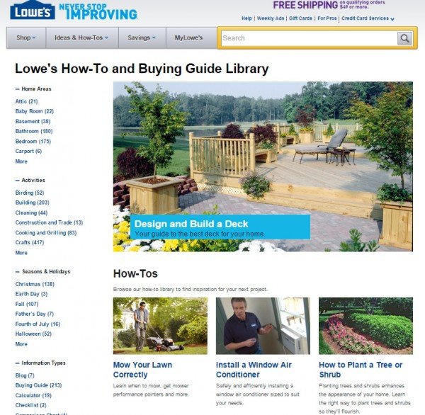 Giao diện thư viện hướng dẫn của Lowe's, thể hiện sự thiếu tổ chức rõ ràng và khối lượng nội dung lớn, chưa tối ưu thành nội dung tài nguyên.