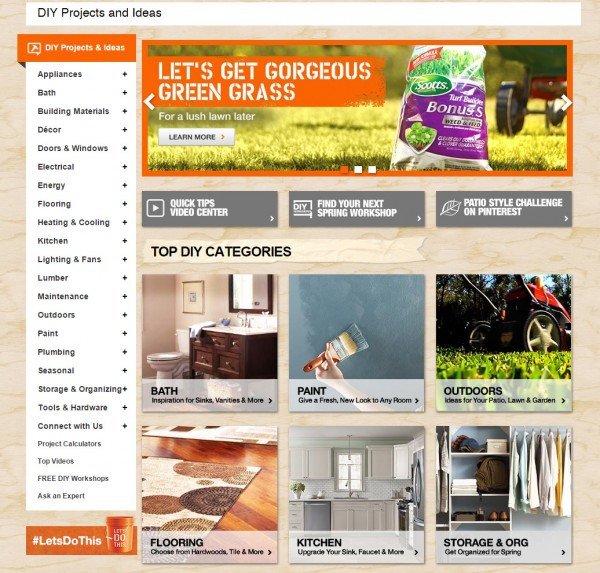 Giao diện trang "Dự án và Ý tưởng DIY" của The Home Depot, minh họa cách tổ chức nội dung tài nguyên theo từng dự án cụ thể.