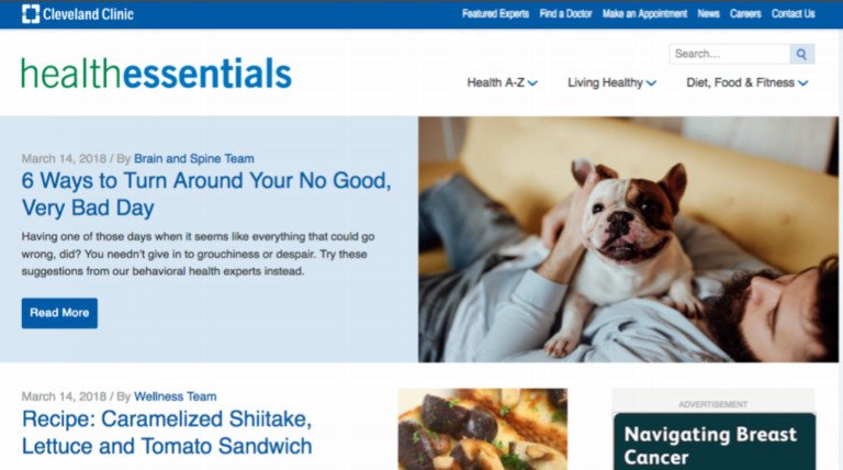 Giao diện trang Health Essentials của Cleveland Clinic
