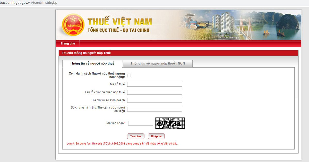 Giao diện trang tra cứu của Tổng cục Thuế