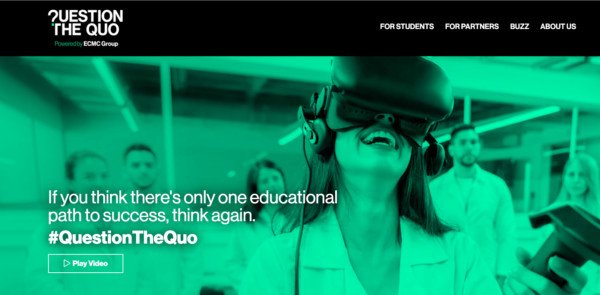 Giao diện trang web Question the Quo, một chiến dịch tạo nhận thức về các lựa chọn giáo dục sau trung học