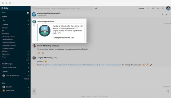 Giao diện ứng dụng Zoho Cliq với các kênh trò chuyện và tính năng công cụ marketing kỹ thuật số