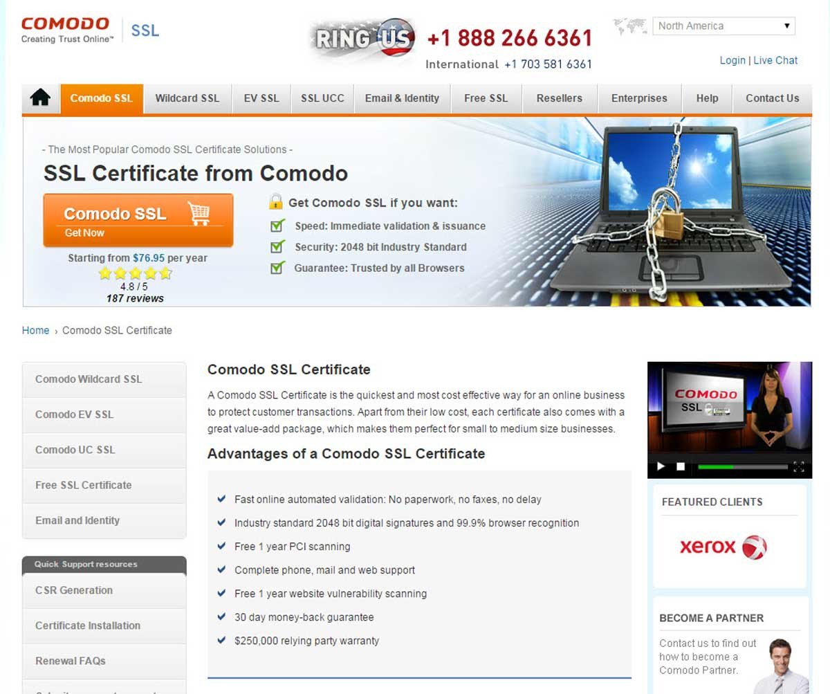 Giao diện website của nhà cung cấp chứng chỉ SSL Comodo, một trong những lựa chọn hàng đầu cho bảo mật web.