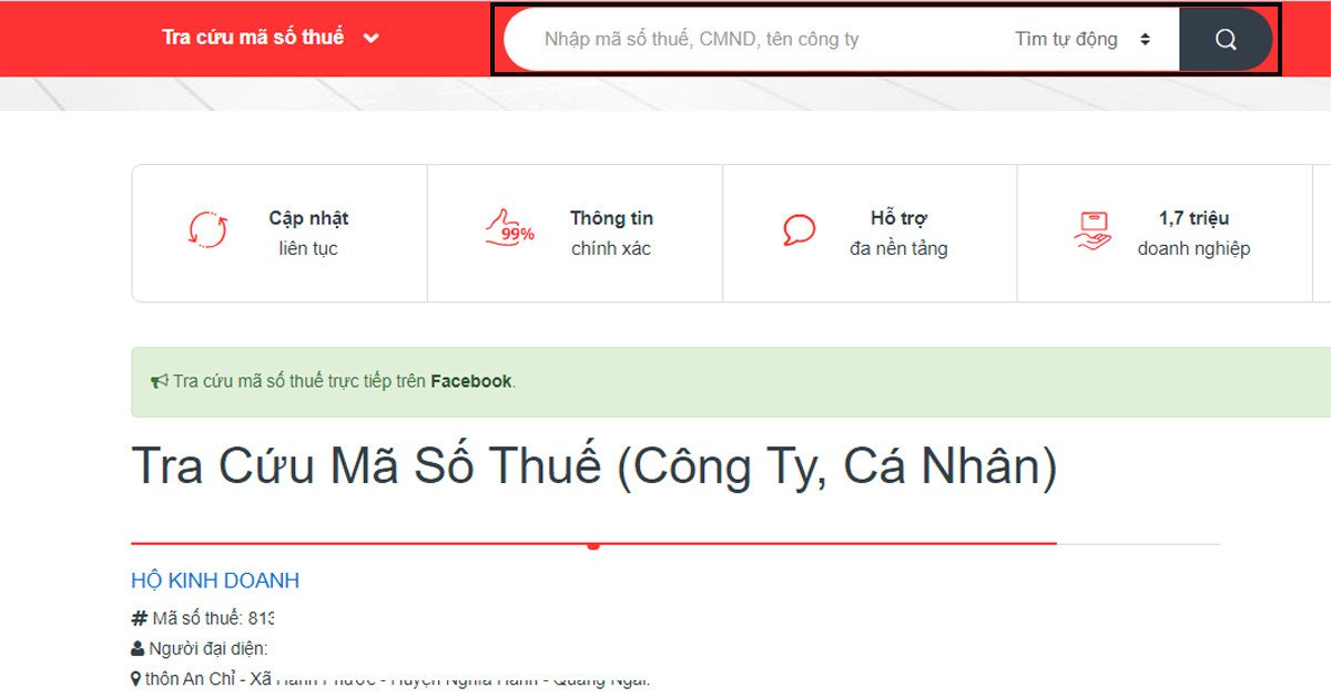 Giao diện website Masothue.com hỗ trợ tra cứu mã số thuế doanh nghiệp