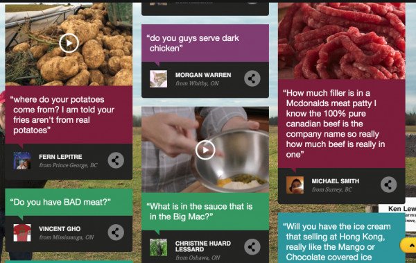 Giao diện website McDonald's Canada nơi người dùng đặt câu hỏi về thực phẩm, minh họa chiến lược content marketing tương tác và phục vụ khách hàng.