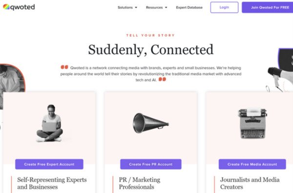 Giao diện website Qwoted, nền tảng tìm kiếm **nguồn tin bên ngoài** cho các nhà sáng tạo nội dung.