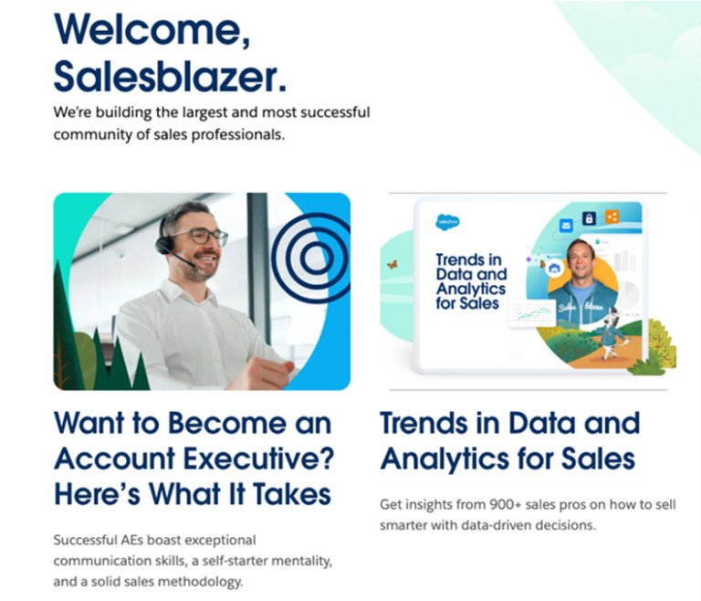 Giao diện website Salesforce Salesblazer, một nền tảng nội dung có thương hiệu dành cho chuyên gia bán hàng