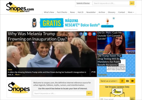 Giao diện website Snopes.com, một công cụ đáng tin cậy để kiểm tra sự thật và tin đồn