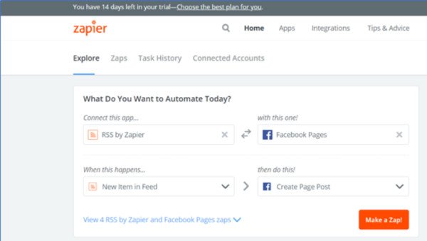 Giao diện Zapier tự động hóa đăng bài lên mạng xã hội