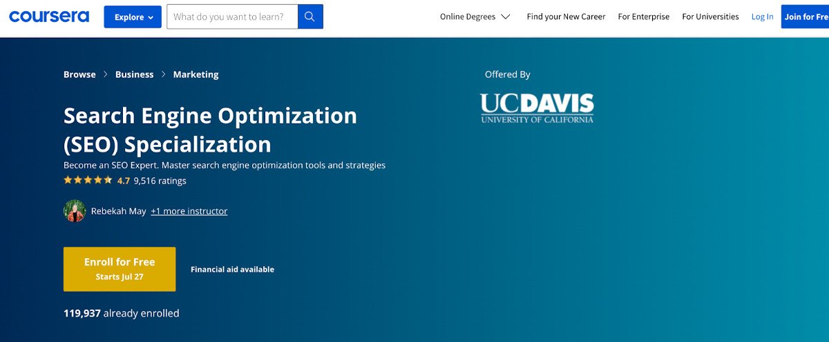 Giới thiệu chuỗi khóa học SEO chuyên sâu trên Coursera từ Đại học California, cấp chứng chỉ uy tín