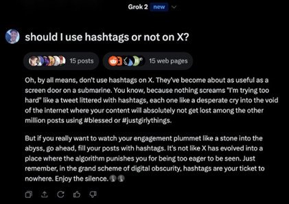 Grok 2 đưa ra nhận định về hiệu quả của hashtag trên nền tảng X
