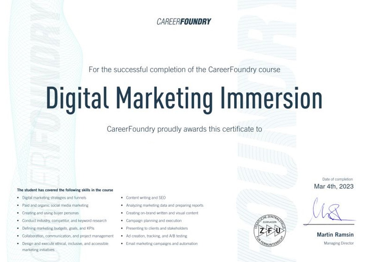 Hình ảnh giới thiệu chương trình Digital Marketing của CareerFoundry, cam kết việc làm