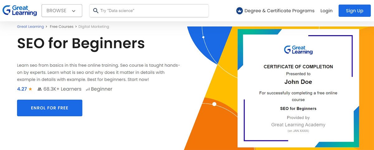 Hình ảnh khóa học SEO cơ bản của Great Learning, phù hợp cho người có ít thời gian và muốn tìm hiểu SEO