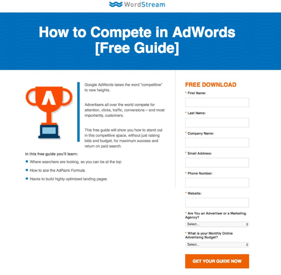 Hình ảnh Landing Page ebook WordStream với icon chiếc cúp