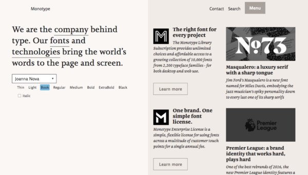 Hình ảnh Landing Page Monotype với tính năng xem trước font chữ tương tác