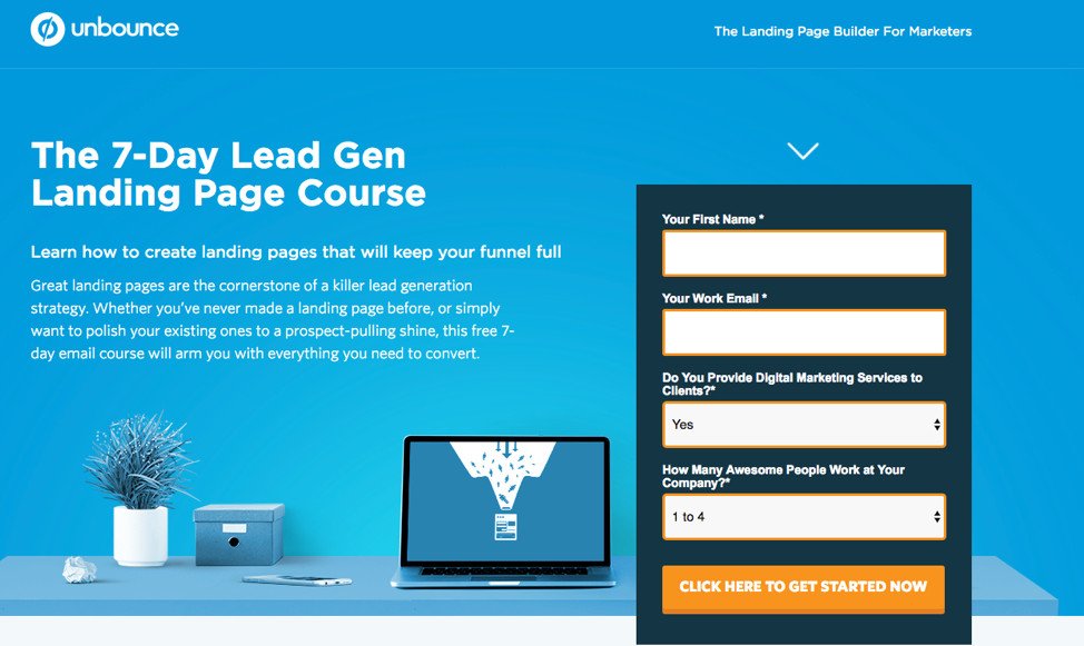 Hình ảnh Landing Page Unbounce nổi bật nút CTA màu cam