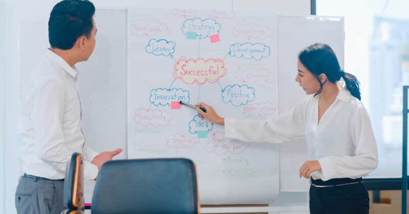 Hình ảnh minh họa nhóm người đang thực hiện buổi động não (brainstorming) để phát triển ý tưởng đột phá và giải quyết vấn đề hiệu quả.