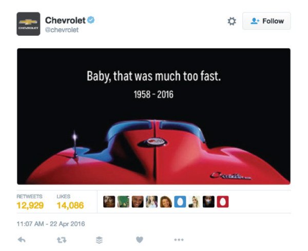 Hình ảnh tweet của Chevrolet với Corvette đỏ, minh họa marketing dựa trên liên kết thương hiệu mạnh
