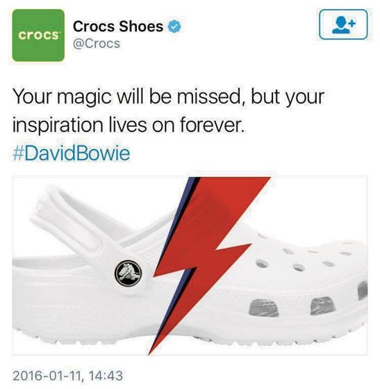 Hình ảnh tweet của Crocs về David Bowie, ví dụ về truyền thông thương hiệu kém nhạy cảm