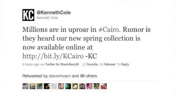 Hình ảnh tweet của Kenneth Cole, ví dụ về khủng hoảng truyền thông xã hội nghiêm trọng
