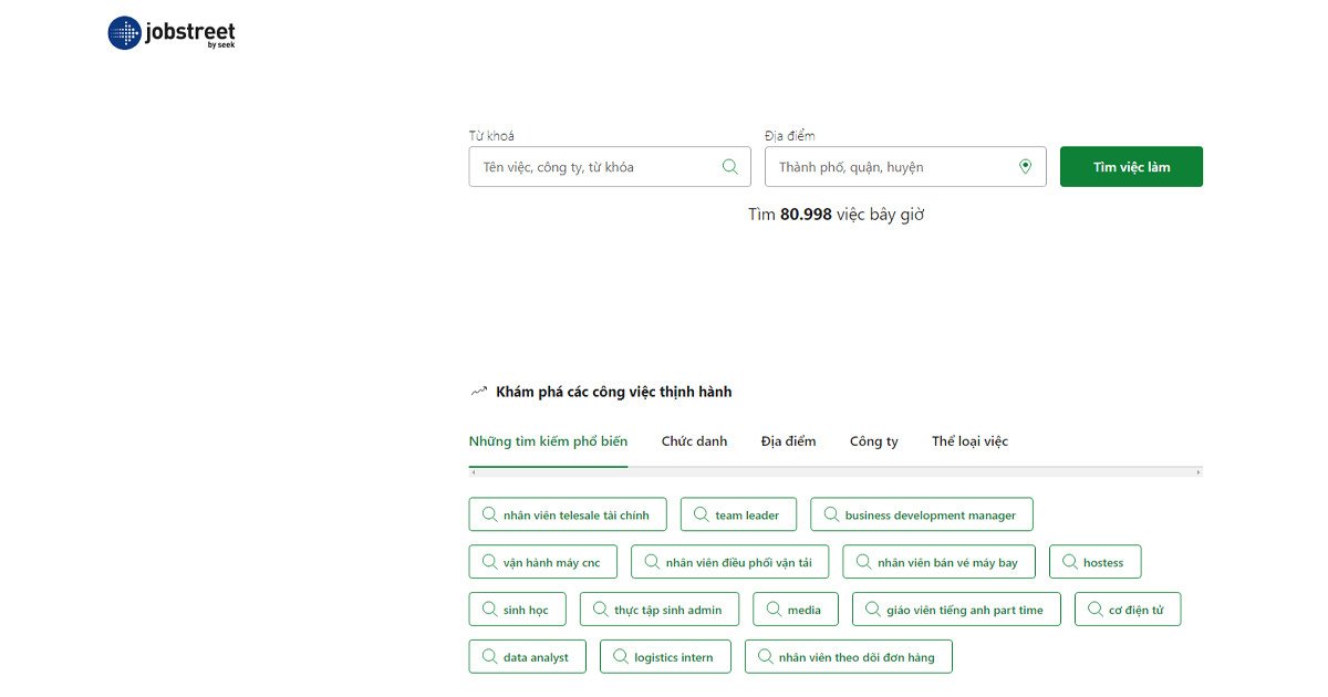 JobStreet.vn, nền tảng tuyển dụng hàng đầu Đông Nam Á, với giao diện tìm kiếm đơn giản.