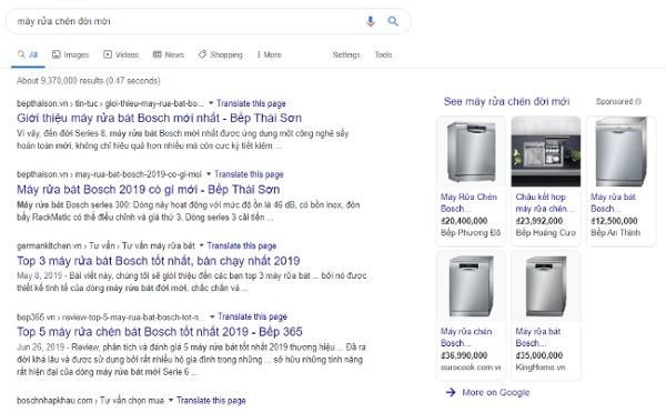 Kết quả mua sắm hiển thị cho Search Intent mua thiết bị