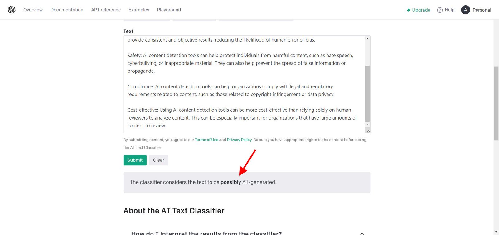 Kết quả nhận diện nội dung AI trên OpenAI Classifier