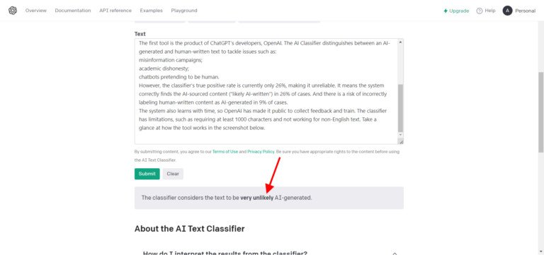 Kết quả nhận diện văn bản do con người trên OpenAI Classifier