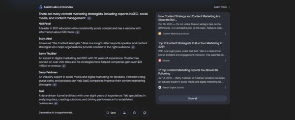 Kết quả tìm kiếm Google AI Overview về chuyên gia content marketing