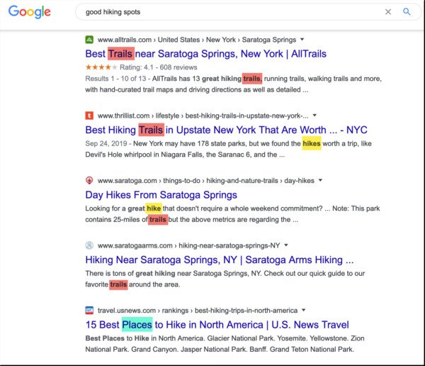 Kết quả tìm kiếm Google cho từ khóa ngữ nghĩa như 'good hiking spots'