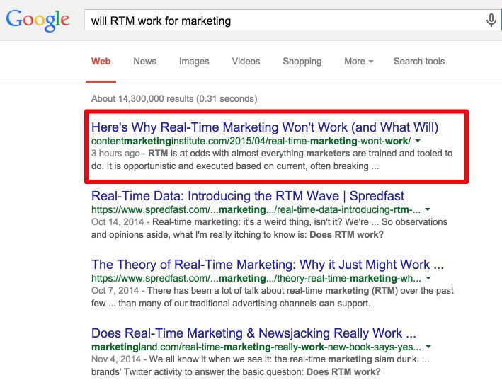 Kết quả tìm kiếm Google cho "will RTM work for marketing" hiển thị một bài viết liên quan