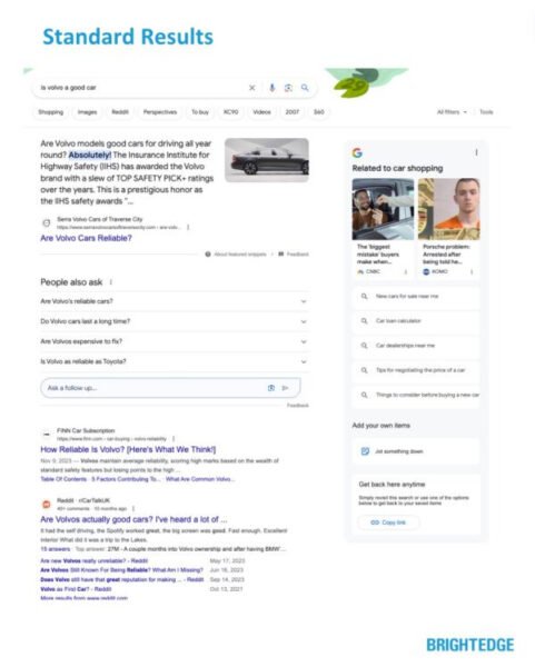 Kết quả tìm kiếm Google hiển thị thảo luận Reddit về xe Volvo, minh họa tầm quan trọng của **nội dung người dùng** trong SGE