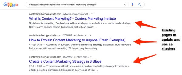 Kết quả tìm kiếm Google sử dụng cú pháp "site:yoursite.com + keyword" để kiểm tra và đánh giá nội dung hiện có trên website
