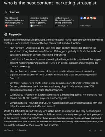 Kết quả tìm kiếm Perplexity về chuyên gia content marketing