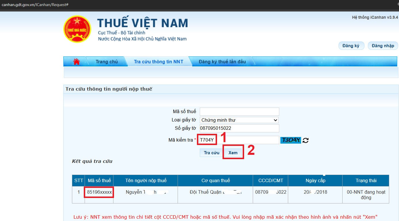 Kết quả tra cứu thông tin mã số thuế cá nhân hiển thị trên Cổng Thuế điện tử