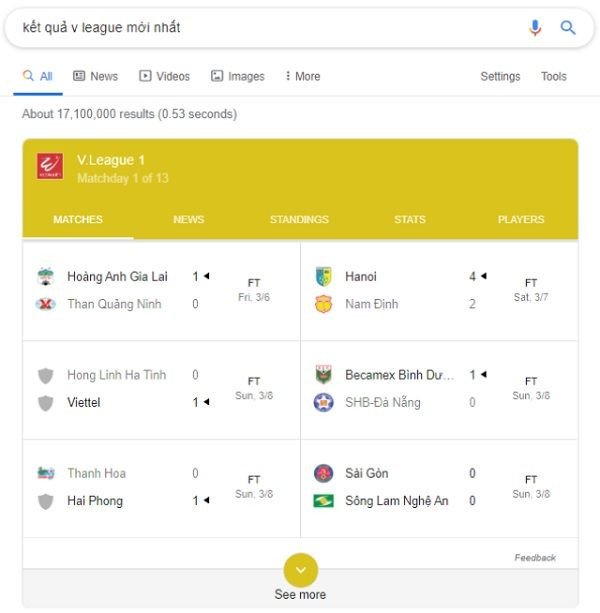 Kết quả tỷ số thể thao cho Search Intent trả lời nhanh