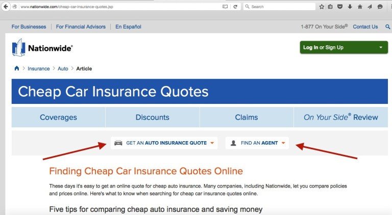 Kêu gọi hành động (CTA) hiệu quả trên trang bảo hiểm ô tô giá rẻ của Nationwide
